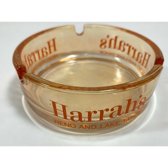 Harrahs Ashtray Hotel and Casino Souvenir Set Reno Lake Tahoe Orange Clear Glass - Picture 2 of 10